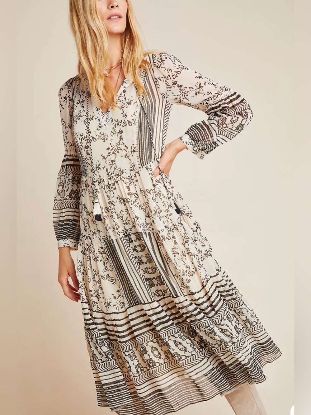 Anthropologie  Talulah Tiered Boho Midi Dress Cream Black Peasant SZ L EUC